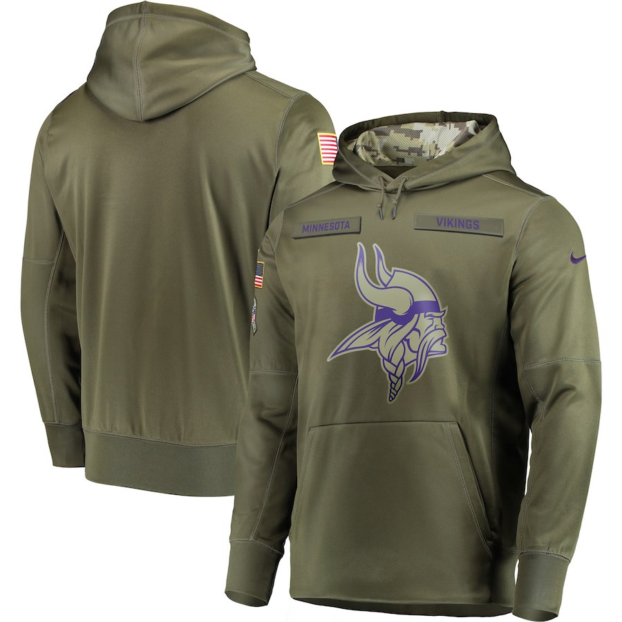 Men's Minnesota Vikings 2018 Olive Salute to Service Sideline Therma Performance Pullover Stitched Hoodie